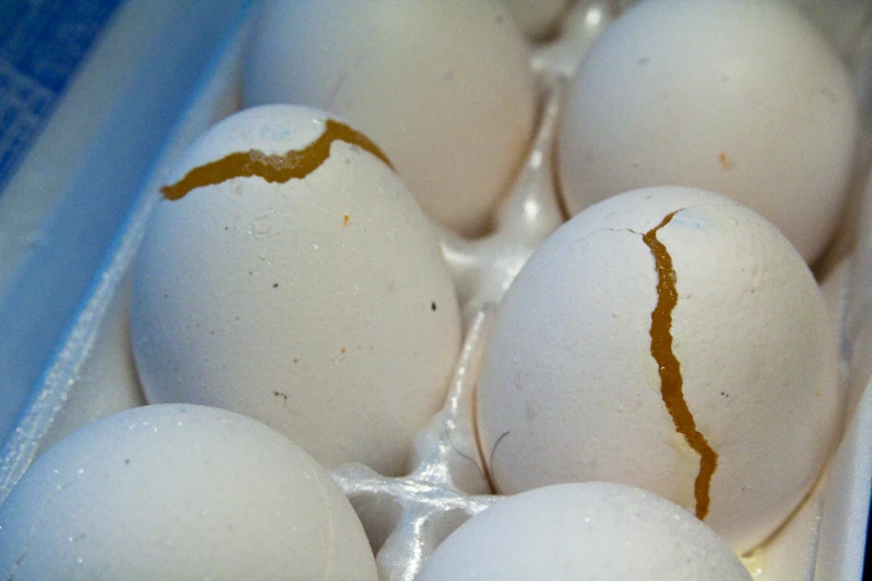 six eggs with ed skin in a carton