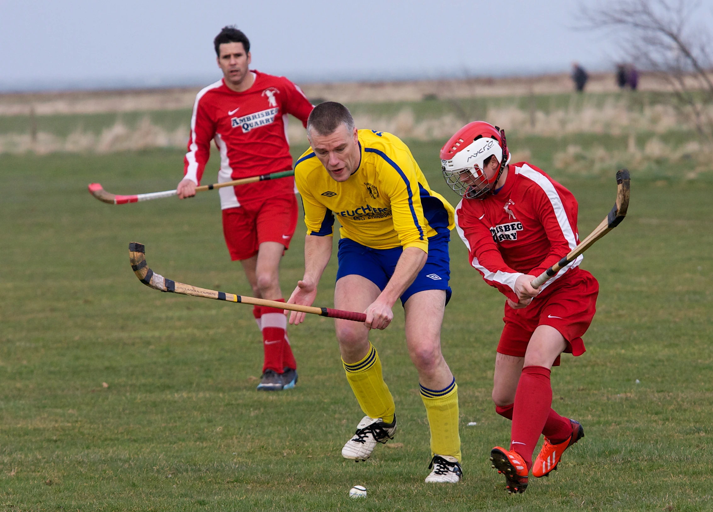 a group of men playing a game of field hockey