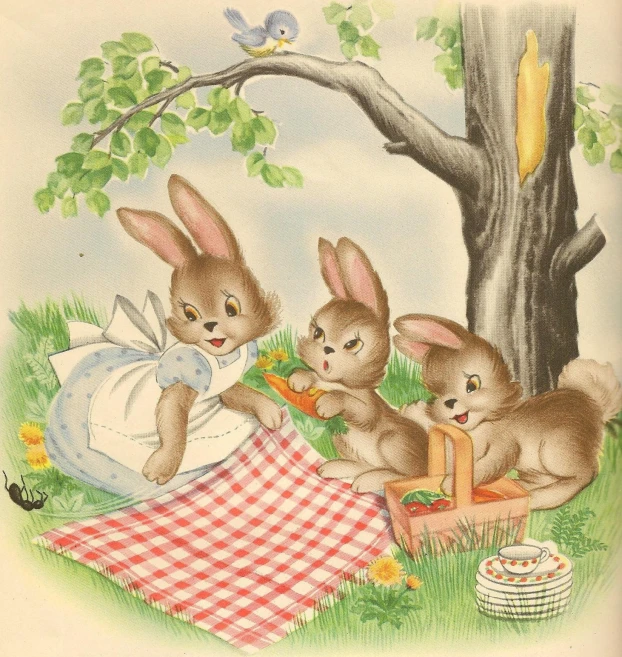 a card features rabbits and a picnic blanket, and is in color