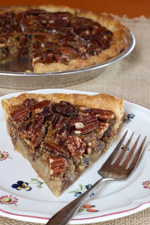 a slice of pecan pie sits on a plate