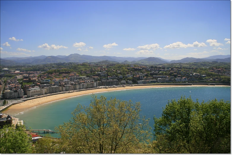 the shore line of a beach next to a city