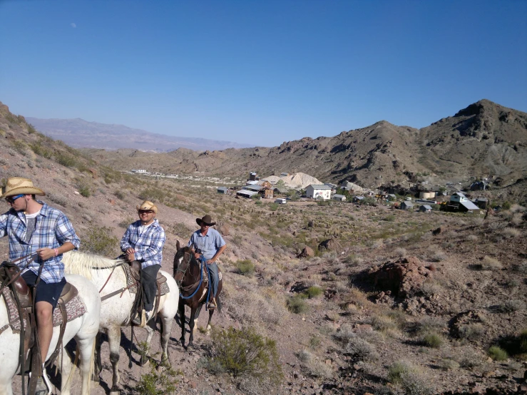 four men are riding on white horses through the desert