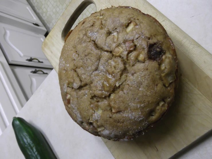 closeup of a chocolate chunk baked on a  board