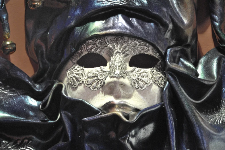 a mask with a hood and blue fabric dd around it