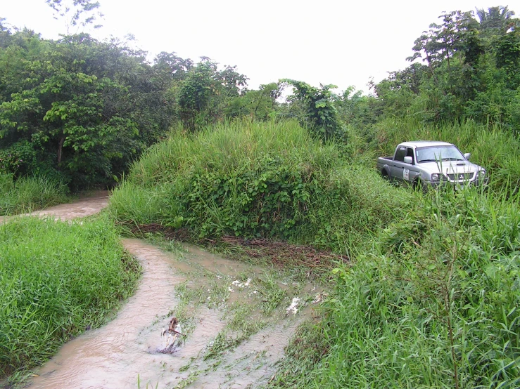 a white pick up truck sits on a dirt trail