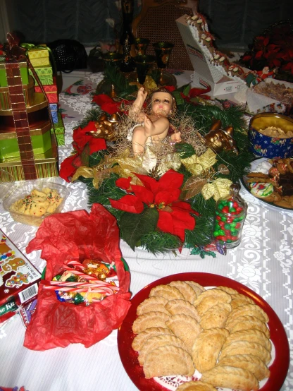 a close up of cookies and other holiday foods