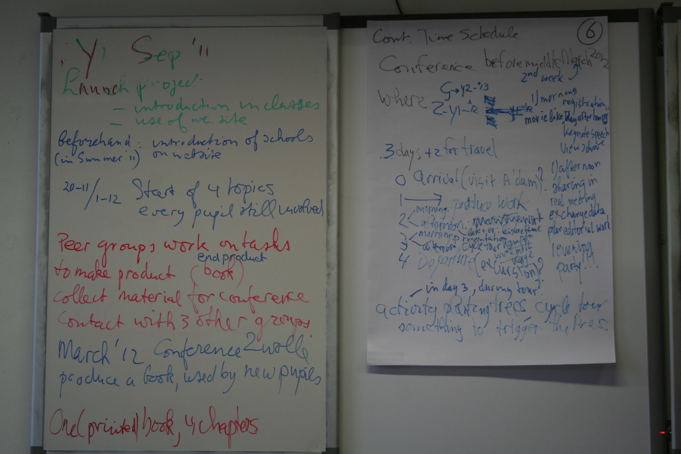 three paper workbooked walls with white and red writing