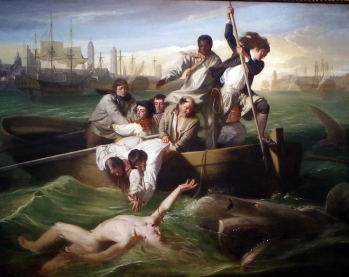 a painting of some men and a woman in a boat