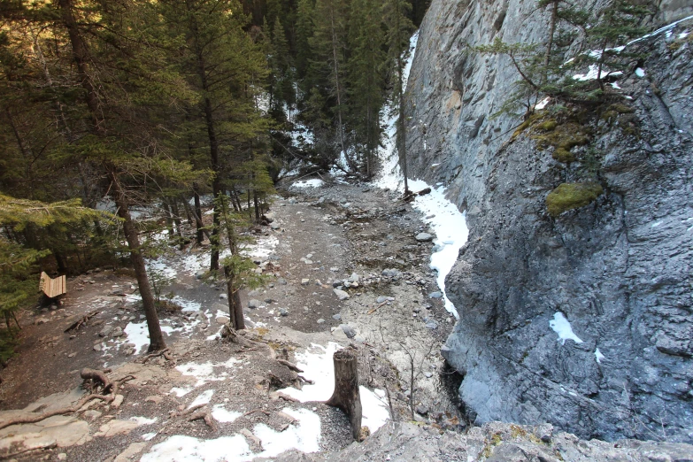 a rocky cliff with a waterfall and snow covered trees on either side