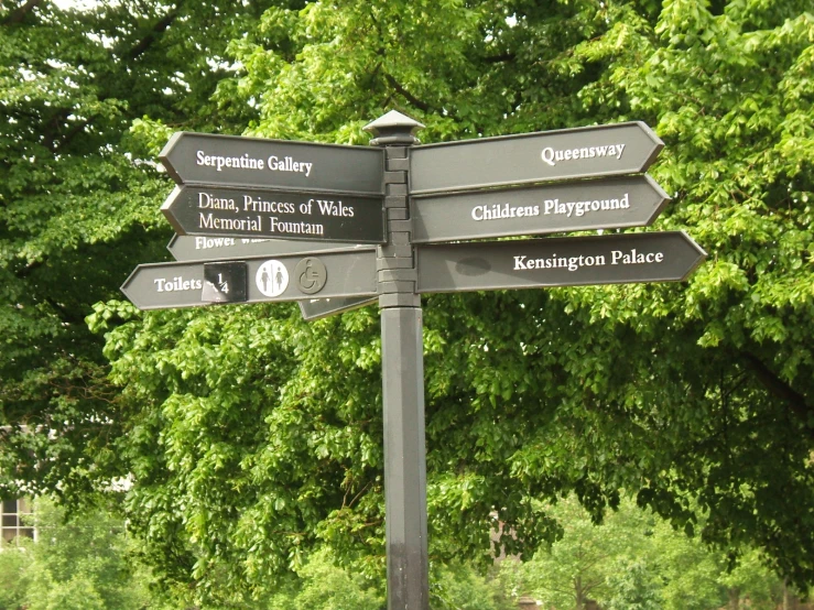 multiple signs are displayed on a pole next to some trees