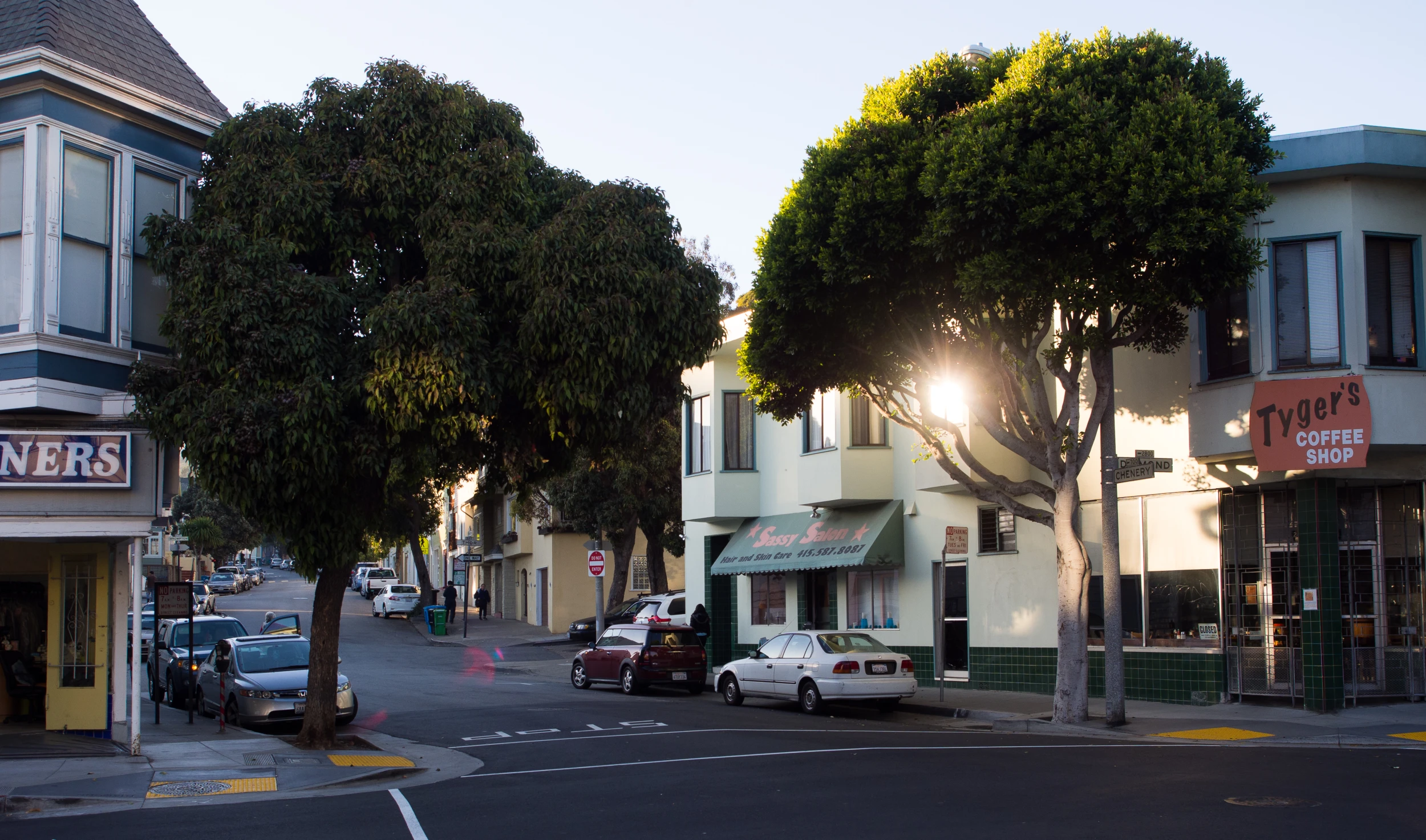 a city street lined with stores on both sides