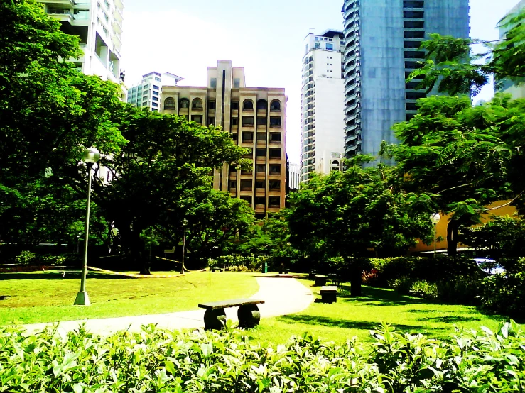 there are some benches in the park by some buildings