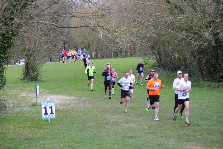 group of people running up a hill with signs and trees