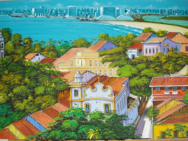 a painting of colorful, townhouses is painted in a tropical style