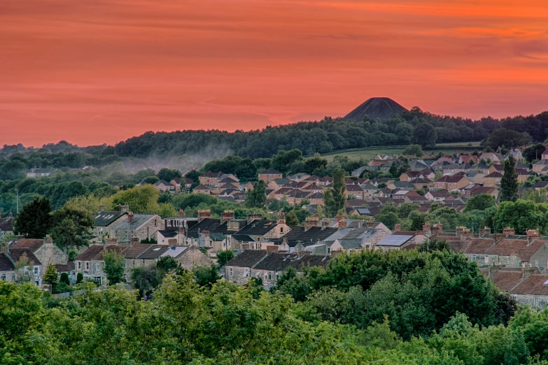 the landscape of a city is filled with trees and mountains