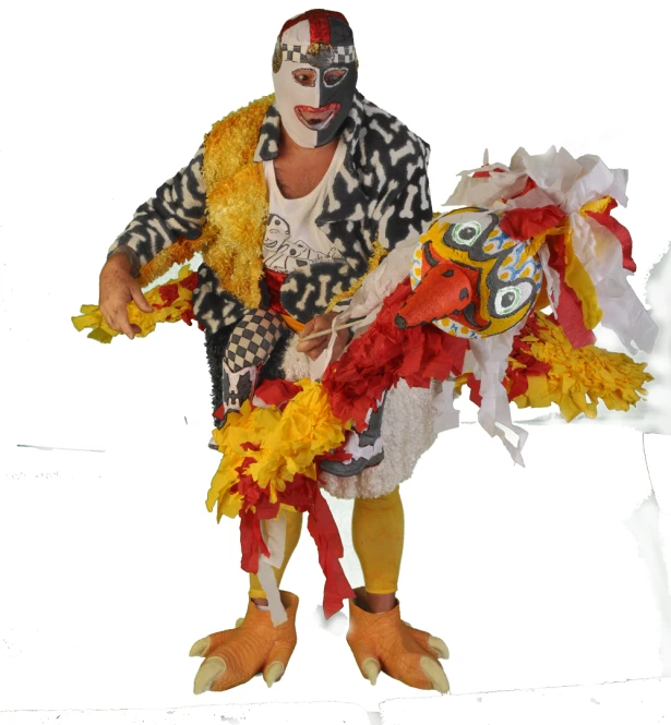 the man is dressed as a rooster and has painted his face white