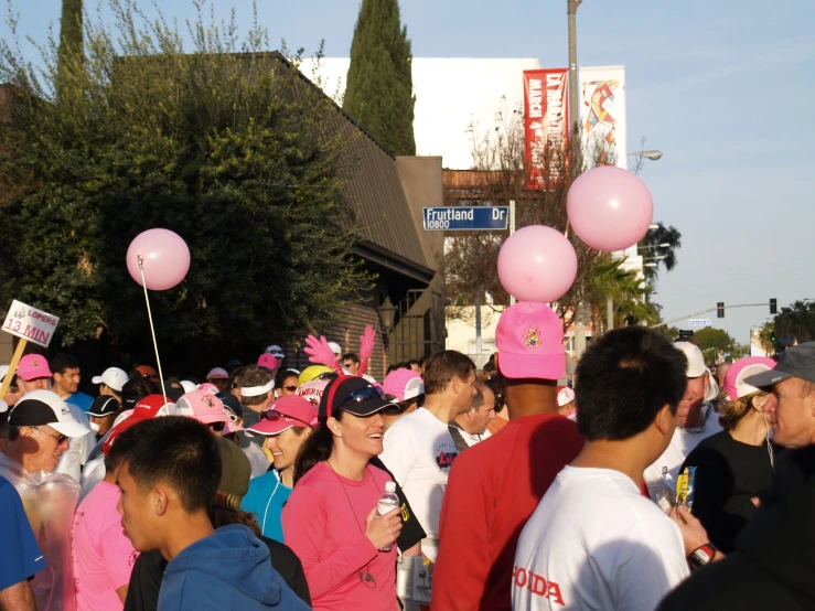 people wearing pink hats in a crowd outside