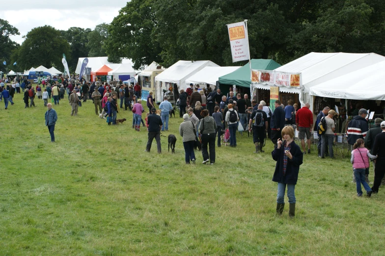 a crowd of people in a field under large tents