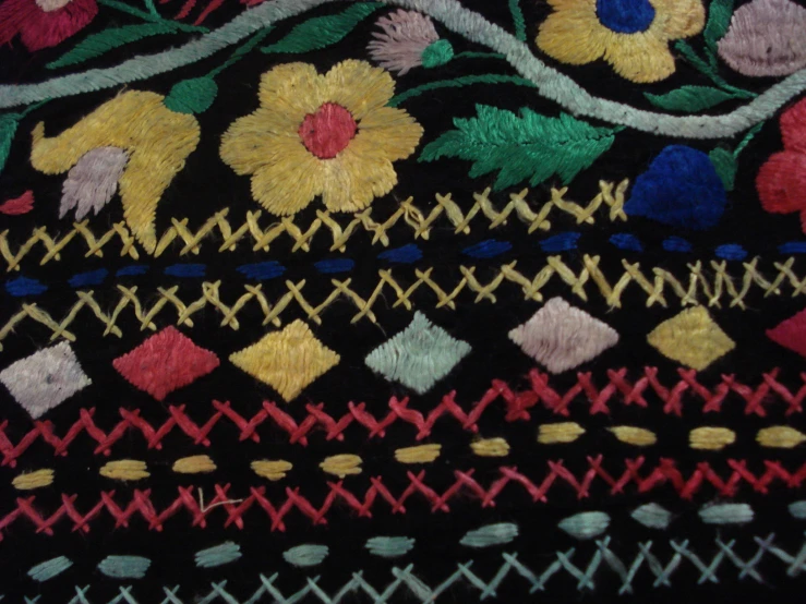 an old knitted floral fabric close up with many colors