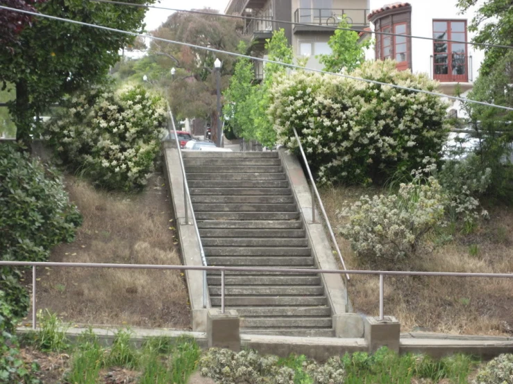 a concrete staircase leading up into a city