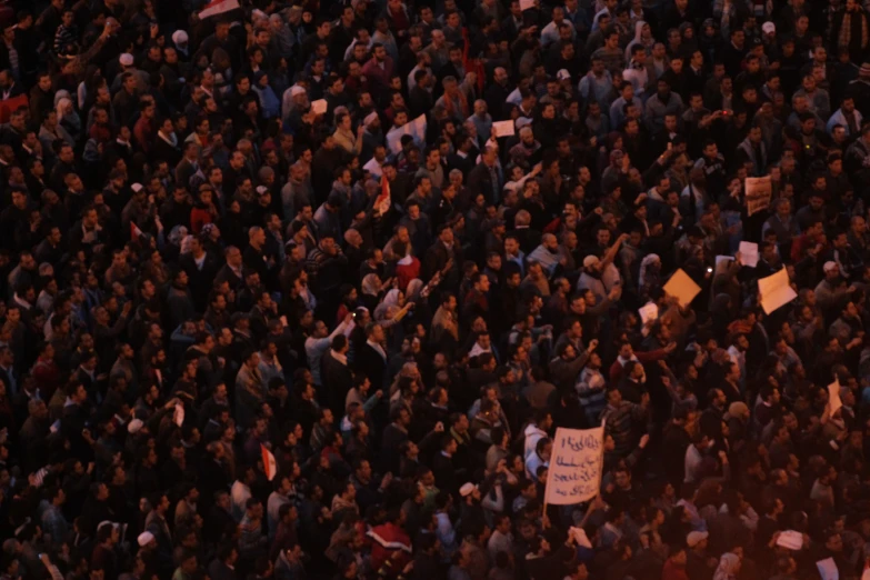 a large crowd is holding signs and banners