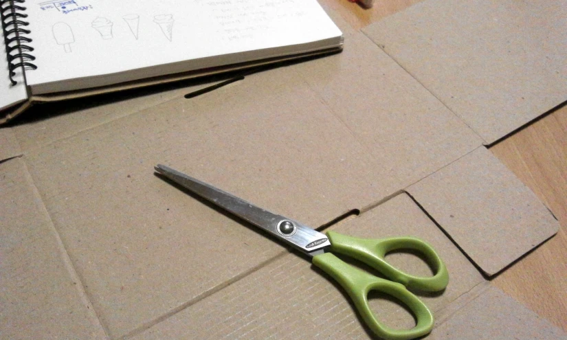 the green handled pair of scissors is next to a book