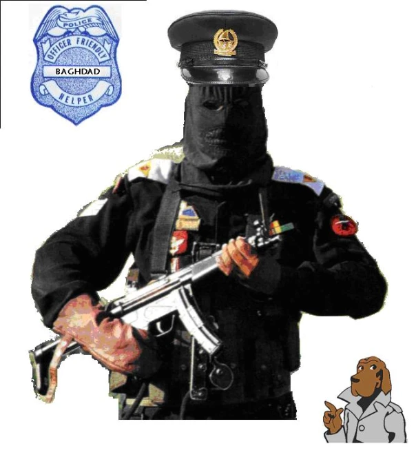 a man in a black uniform holding a machine gun