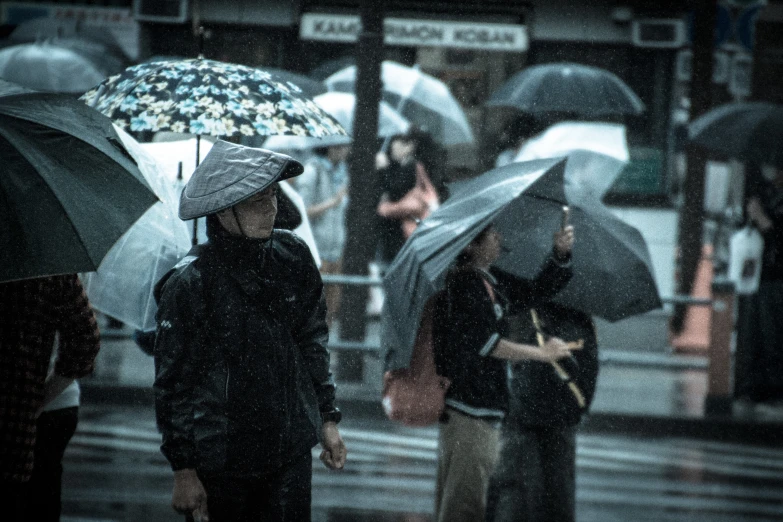 two people stand outside holding umbrellas on a rainy day