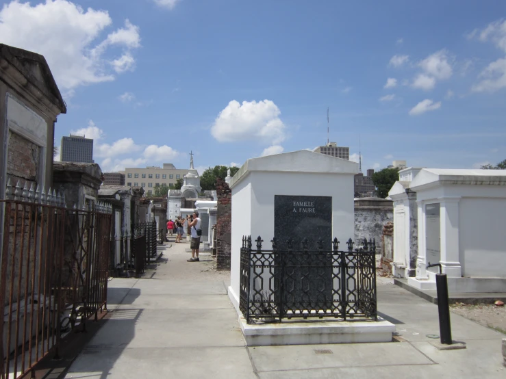 a cemetery gate that is next to a black iron fence