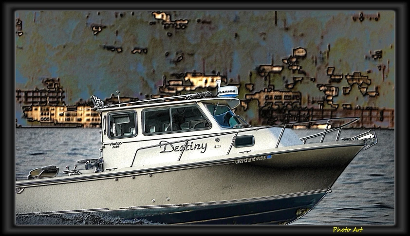 a boat traveling past a city on top of the ocean