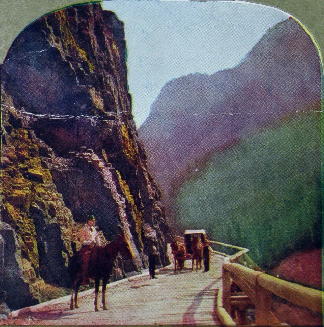 three cows crossing a bridge near a mountain