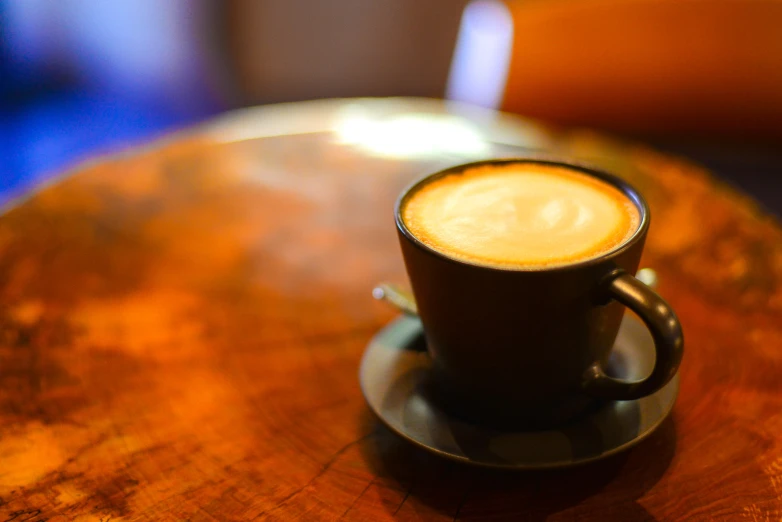 the cappuccino is placed on a saucer on the table