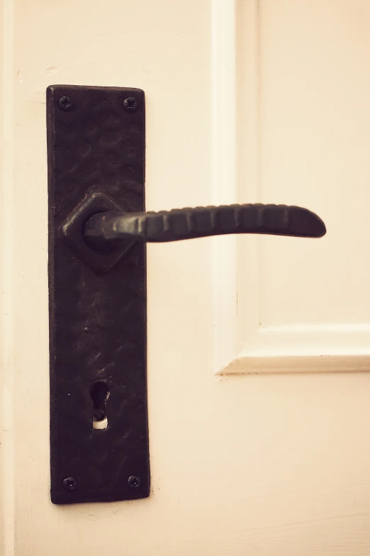 an open door has a metal latch and black handle