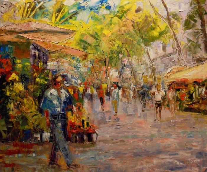 an oil painting of people walking down the street