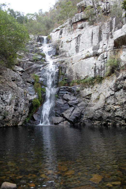 waterfall running into the distance from a rocky cliff