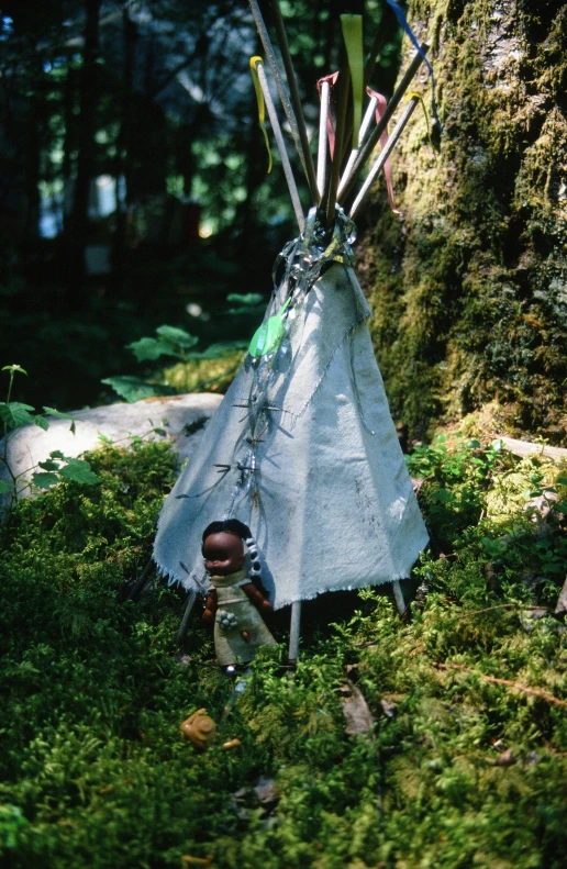 the teepee is sitting in the grass in front of a path