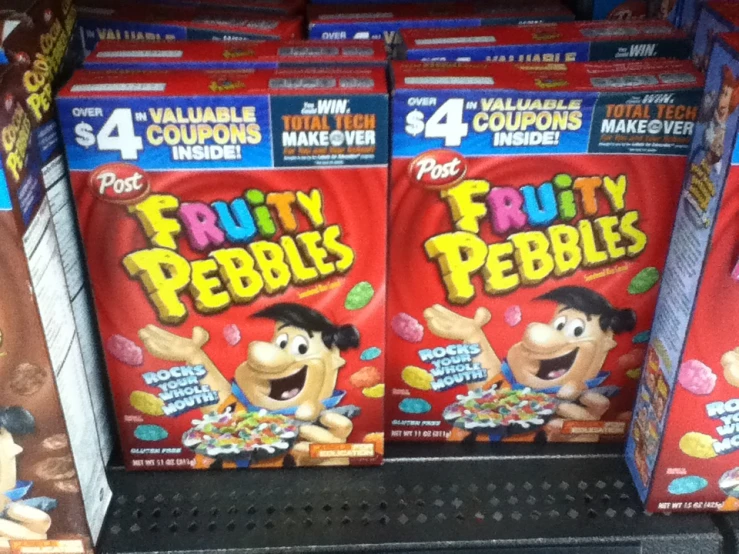 three bags of fruity pebbles on a shelf