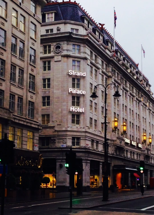 the street corner is empty during the dusk time