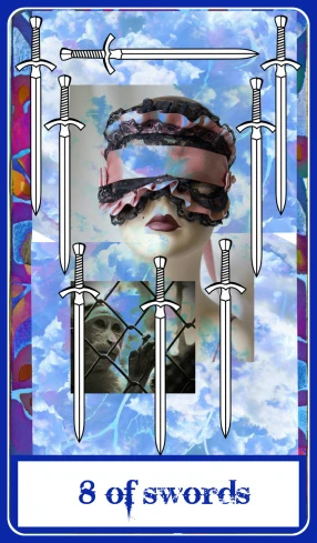 a card with a girl's face, swords and a face on the front of the card
