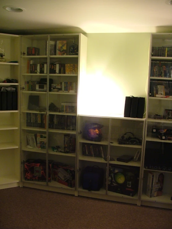 the shelves in this home are full of books and video games
