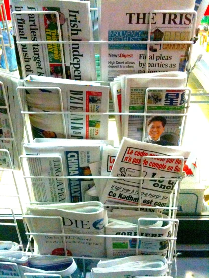 stack of newspapers sitting on a counter top