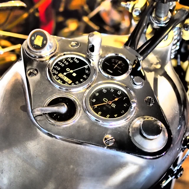 a motorcycle engine has three gauges on it
