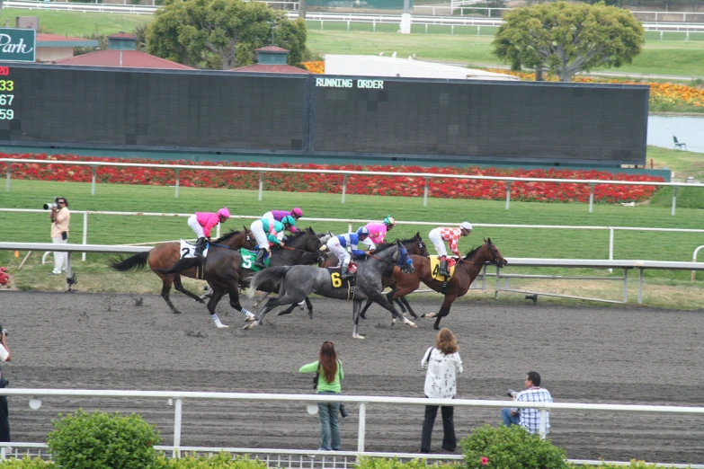 a number of horses racing down a race track