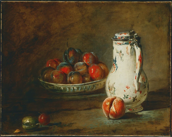 a painting of fruit next to a vase on a table