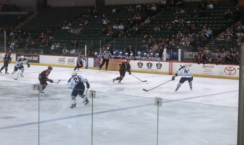 several players playing ice hockey in front of an arena full of people