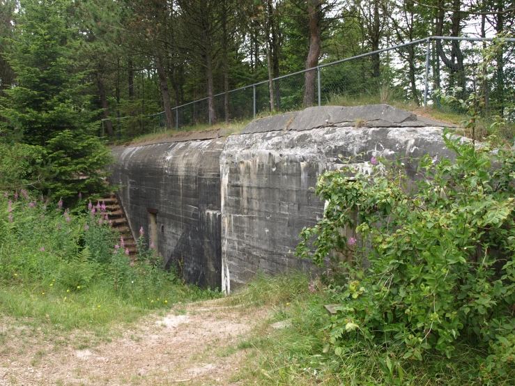 a very big concrete wall surrounded by some grass