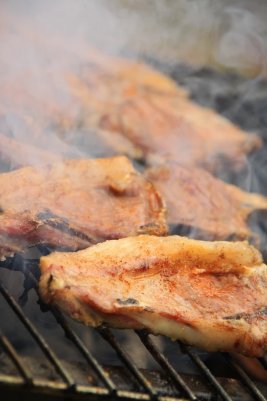 three pieces of meat cooking on an outdoor grill