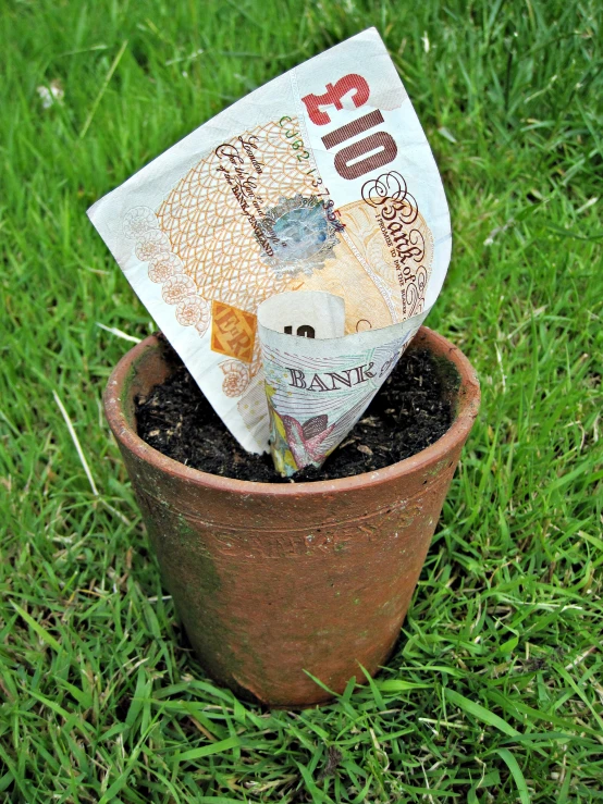 a piece of money is stuck in a flower pot