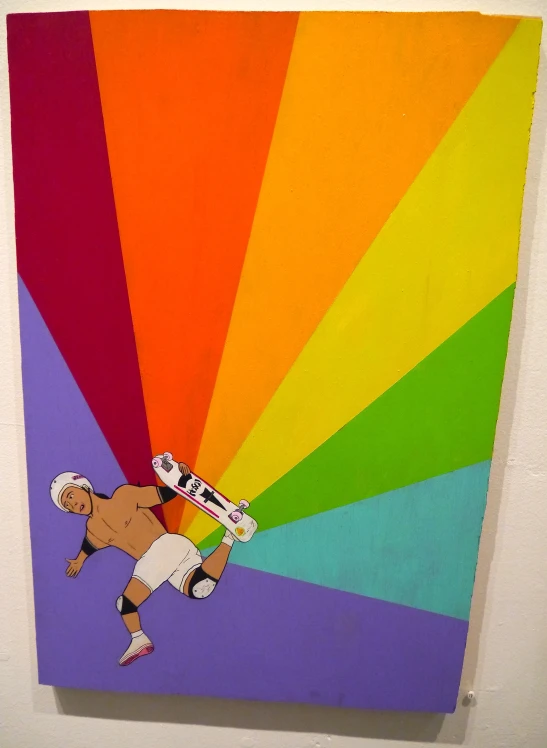 a painting shows a person with a skateboard in front of a rainbow hued background