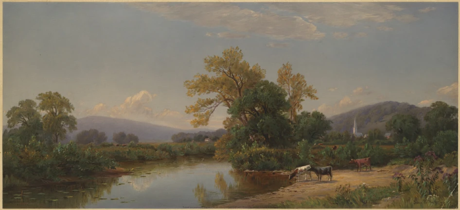 an oil painting of cattle drinking water from the river